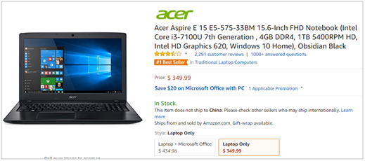 Best selling laptop - Acer Aspire E 15